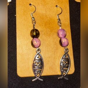 Chic Purple and Black Beaded Jesus Dangle Earrings